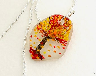 Autumn tree sea glass necklace - Hand painted silver 18 inch chain