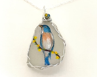 Eastern Bluebird bird hand painted sea glass necklace with mixed crystals and wire wrapping- painted to order.