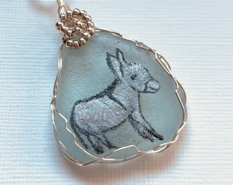 Donkey hand painted sea glass necklace - Silver plated 18" chain and wire wrapping