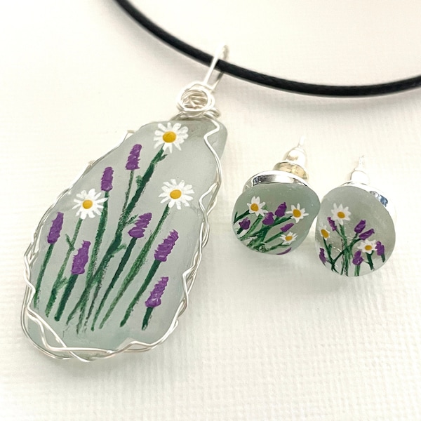Lavender and daisies hand painted sea glass necklace and earring set - wire wrapped beach glass