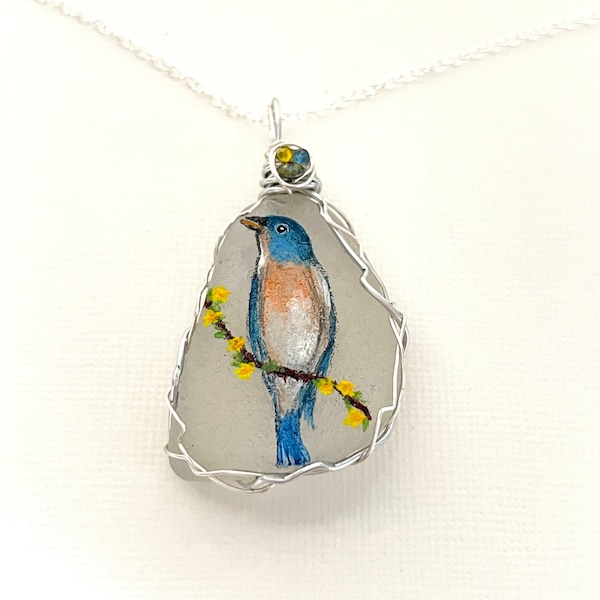 Eastern Bluebird bird hand painted sea glass necklace with mixed crystals and wire wrapping- painted to order.