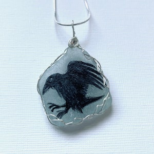 Raven hand painted bird sea glass necklace - painted to order wire wrapping.