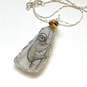 SLOTH chunky hand painted sea glass necklace - Silver plated 18&quot; chain and wire wrapping