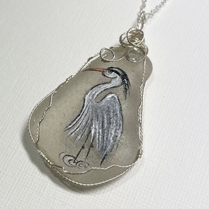 Hand Painted Heron Sea Glass Necklace - Silver Plated Chain