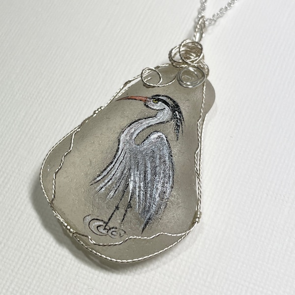 Chunky Heron bird hand painted sea glass necklace - Silver plated 18" chain and wire wrapping