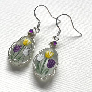 Hand Painted Sea Glass Earrings: Spring Crocus, 925 Silver & Swarovski