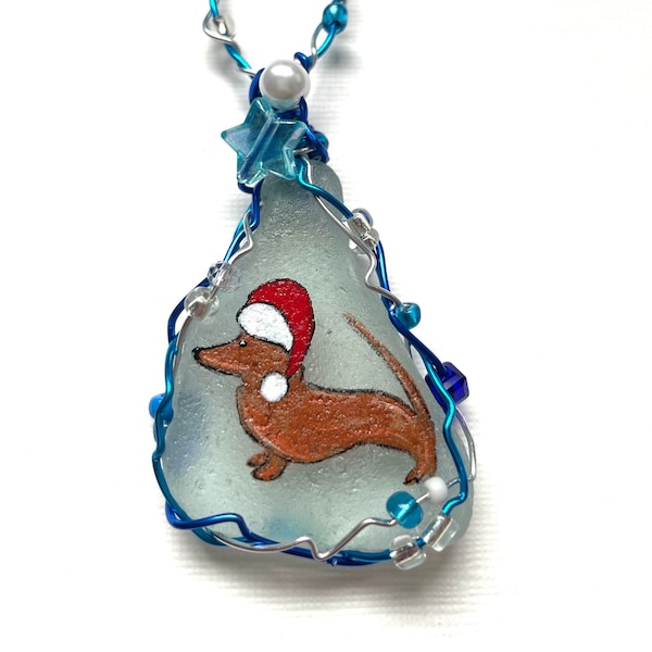 DACHSHUND Dog in a santa hat- Hand painted sea glass Christmas tree decoration with beads and wire