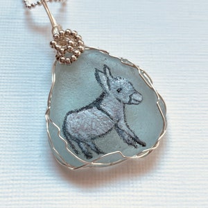 Donkey hand painted sea glass necklace - Silver plated 18&quot; chain and wire wrapping