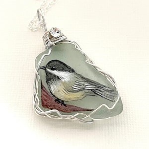 Chickadee bird hand painted sea glass necklace with mixed crystals and wire wrapping- painted to order.