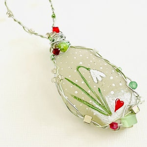 Hand Painted Sea Glass Christmas Ornament: Snowdrop & Heart