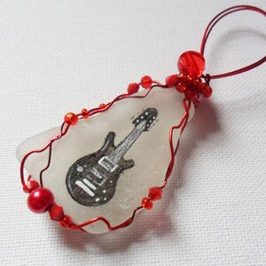Guitar - Hand painted sea glass Christmas tree decoration with beads and wire