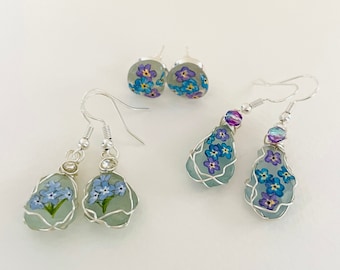 Forget me not hand painted dangle or stud and post earrings pendants - Sea glass & wire wrapping with fire polished bead and crystal detail