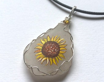 Sunflower hand painted sea glass necklace with swarovski crystals - 18" cord