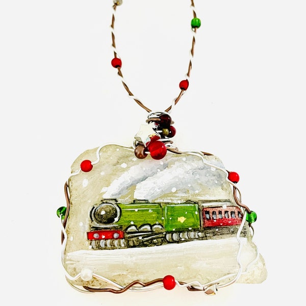 FLYING Scotsman snowfall train - Hand painted sea glass Christmas tree decoration with beads and wire