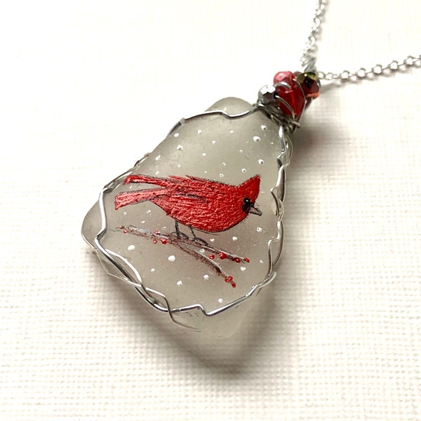 Red cardinal hand painted sea glass necklace with fire polished crystal beads - 18" silver plated chain