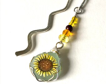 Sunflower hand painted sea glass BOOKMARK - wire wrapped with pretty mixed beads