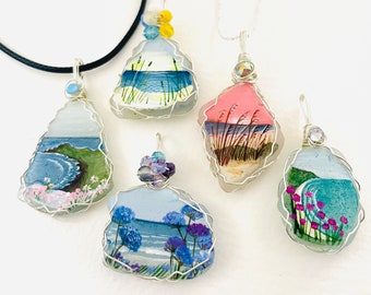 Beach Scenes Seascapes hand painted sea glass necklaces with Fire polished beads crystals and wire wrapping- painted to order.