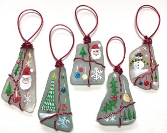 Set of 5 sea glass Christmas decorations - Hand painted choice of colour wire and beads