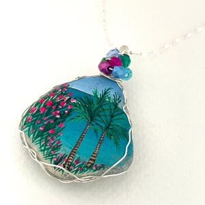 Mediterranean beach hand painted sea glass necklace with Fire polished beads and wire wrapping- painted to order.