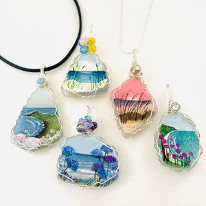 Beach Scenes Seascapes hand painted sea glass necklaces with Fire polished beads crystals and wire wrapping- painted to order.