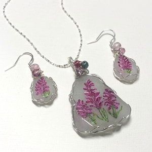 Marsh Orchid hand painted sea glass necklace and earring set - wire wrapping and fire polish bead detail
