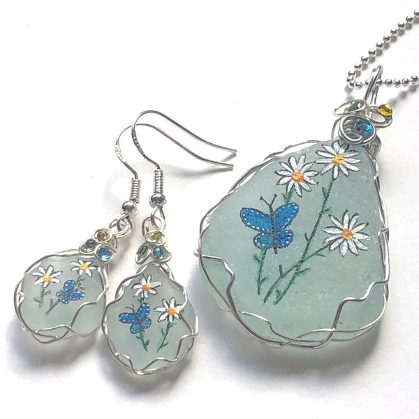 DAISY and blue butterfly hand painted sea glass necklace and earring set - wire wrapping and Swarovski crystals