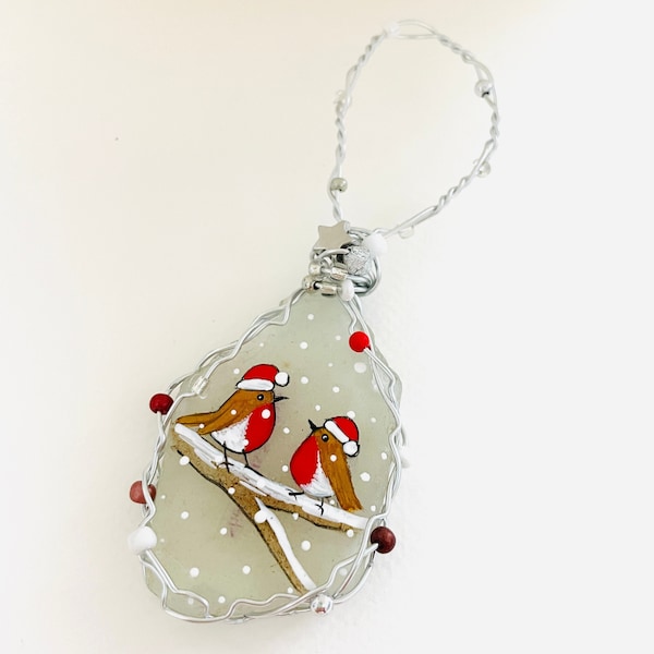 Santa hat Robin friends Christmas tree ornament - Hand painted sea glass tree decoration with beads and wire