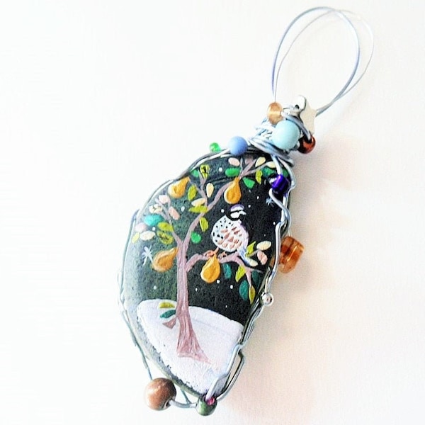 Partridge in a pear tree sea glass christmas tree decoration - Hand painted, wired and beaded English beach glass