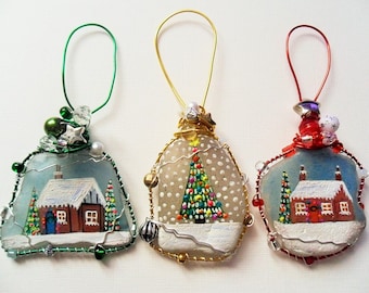cottages and christmas trees sea glass christmas tree decorations set of 3 hand painted english beach glass - Glass Christmas Decorations cottages and christmas trees sea glass christmas tree decorations set of 3 hand painted english beach glass - Glass Christmas Decorations