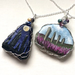 Hand Painted Sea Glass Necklace: Ring of Brodgar, Scotland