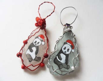 Panda wearing santa hat sea glass christmas tree decoration - Hand painted, wired and beaded English beach glass