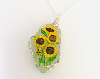 Bunch of Sunflowers hand painted sea glass necklace - 18" silver plated chain