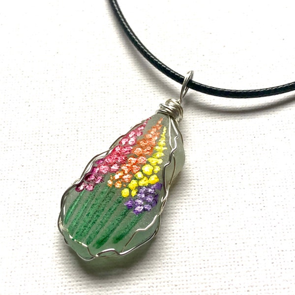 Gladiolus flowers hand painted sea glass necklace - Wire wrapping choice of colour, cord or silver chain