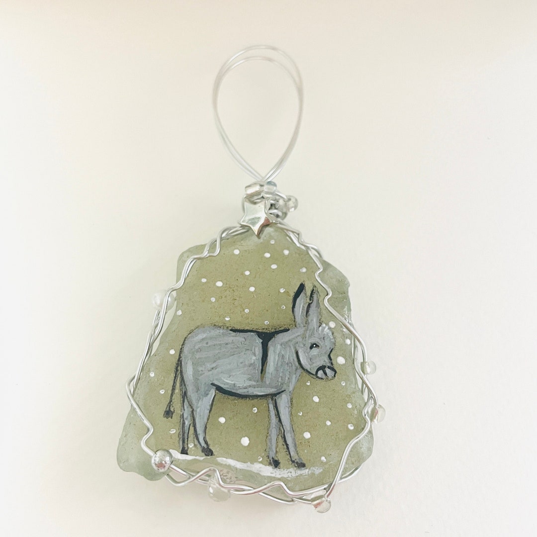 Snowfall Donkey Christmas Tree Ornament Hand Painted Sea Glass Tree