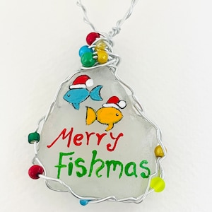 Hand Painted Sea Glass Christmas Ornament: Merry Fishmas