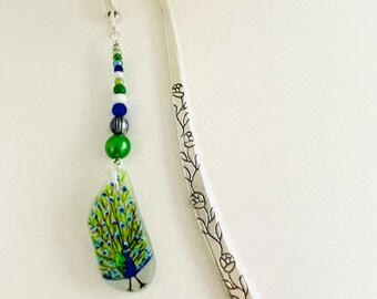 PEACOCK bird hand painted sea glass 12cm BOOKMARK - wire wrapped with pretty mixed beads
