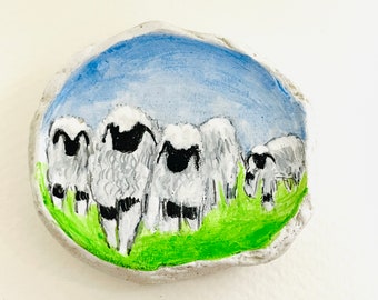 Valais Blacknose sheep - Original Acrylic miniature painting on Scottish sea pottery