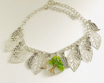 Sea glass bracelet - Spring oak tree - hand painted silverplated dangly charm bracelet 8 inches adjustable