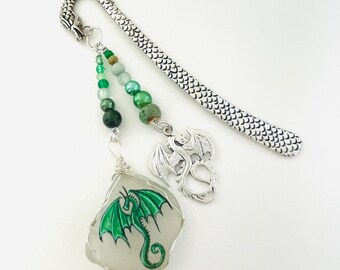 Green Dragon hand painted sea glass 12cm BOOKMARK - wire wrapped with pretty mixed beads