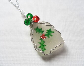 Christmas sprig of holly hand painted sea glass necklace with swarovski crystals and seed beads - 18" silver plated chain