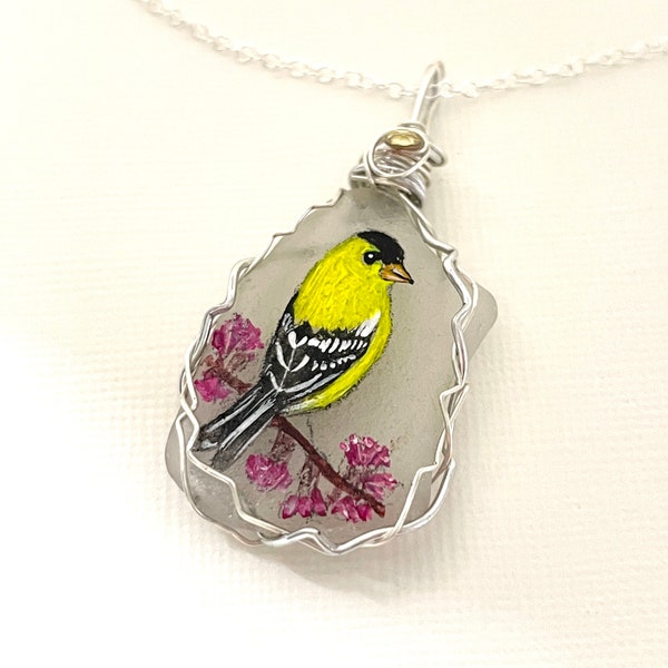 American Goldfinch bird hand painted sea glass necklace with mixed crystals and wire wrapping- painted to order.