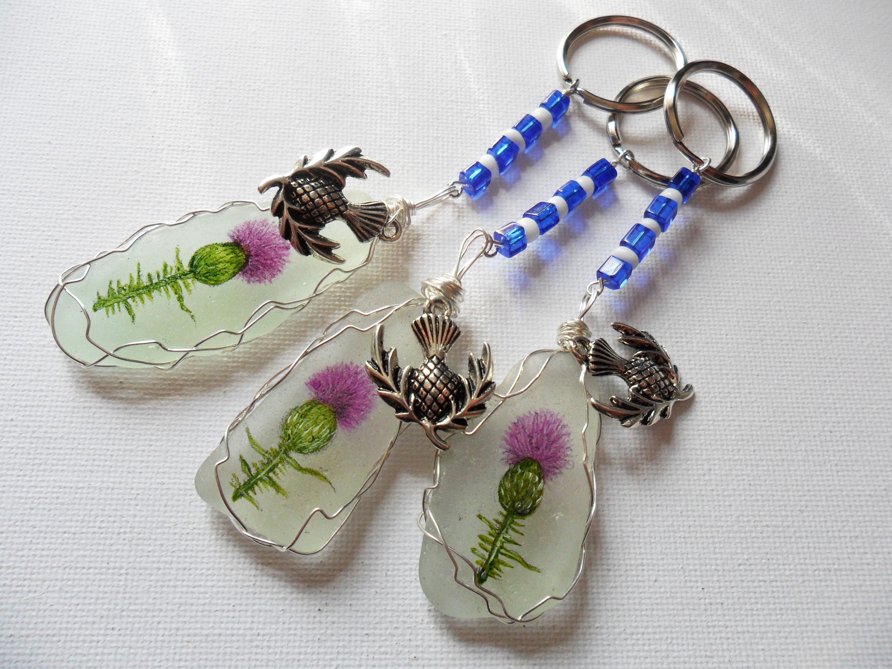 Scottish thistle hand painted sea glass and bead Scotland bag charm - keyring
