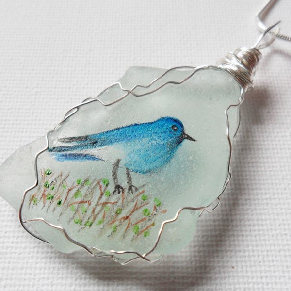 Bluebird hand painted sea glass necklace - painted to order wire wrapping.