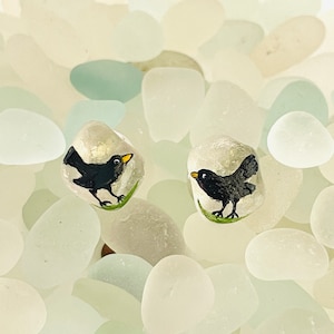 Blackbirds hand painted sea glass stud and post earrings - Silver plated Painted to order