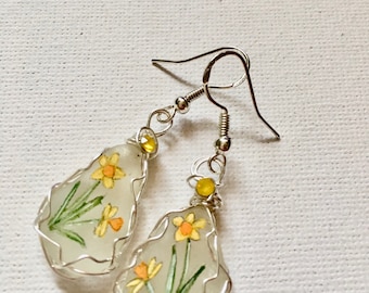 Spring daffodils hand painted sea glass 925 silver plated dangle earrings - wire wrapping & Swarovski crystals