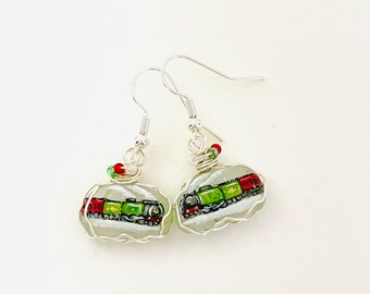 Flying Scotsman train hand painted sea glass DANGLE earrings - wire wrapping and tiny miyuki seed bead detail