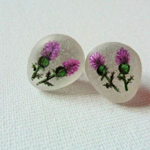 Scottish thistle hand painted stud earrings - Painted on english Sea glass