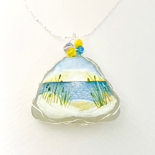 Sunshine beach hand painted sea glass necklace with Fire polished beads and wire wrapping- painted to order.