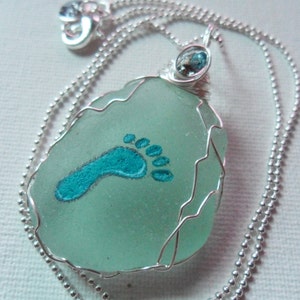 Tiny footprint hand painted seafoam sea glass necklace - Silver 18&quot; chain and wire wrapping