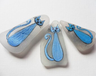 Blue cat magnet set - Hand painted sea glass fridge magnets, 3pc set